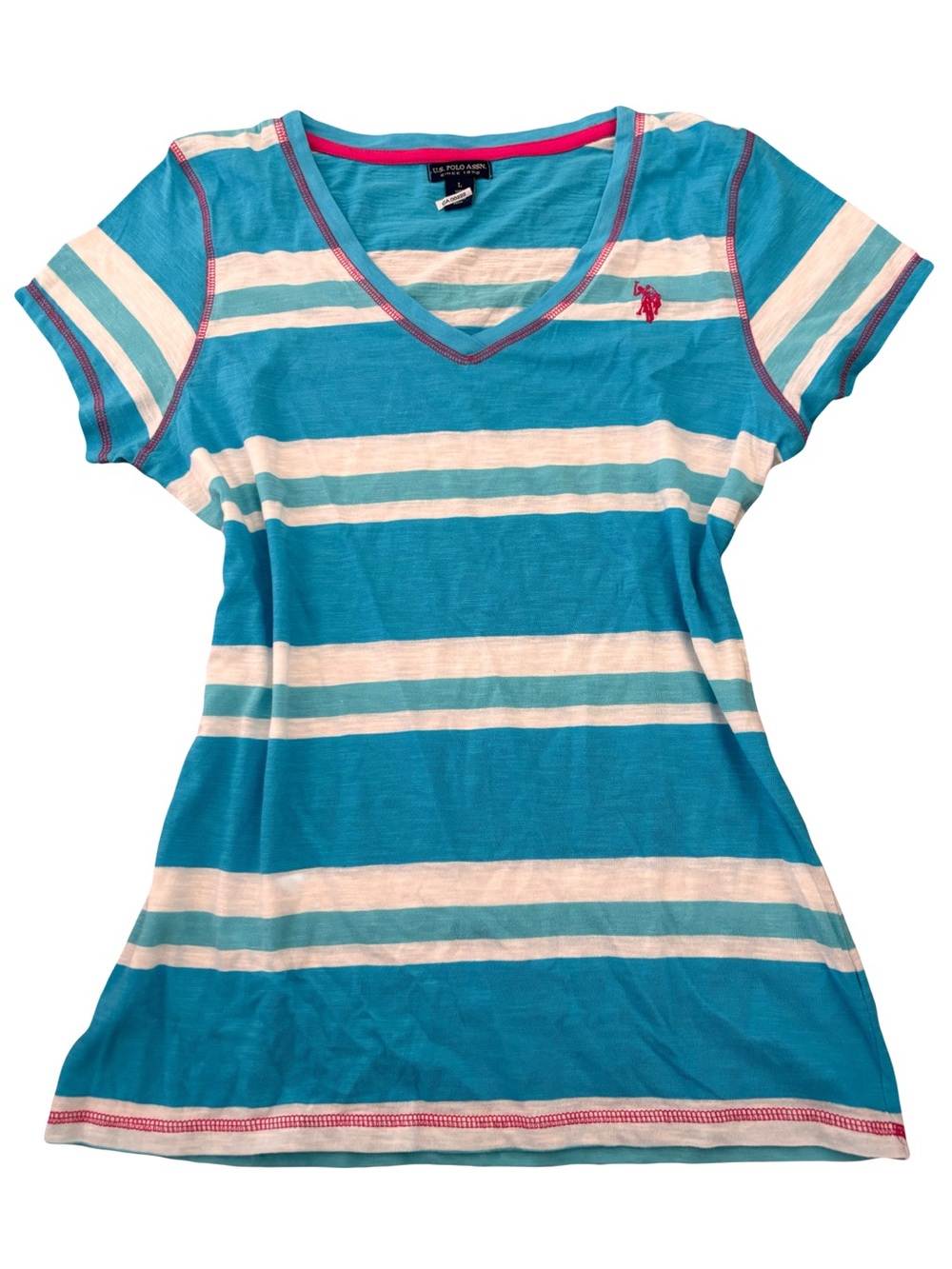 Polo Turquoise & White Striped V-Neck Tee with Pink Logo